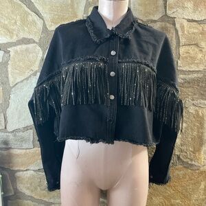 Between Us Black Studded Fringe Cropped Denim Jacket